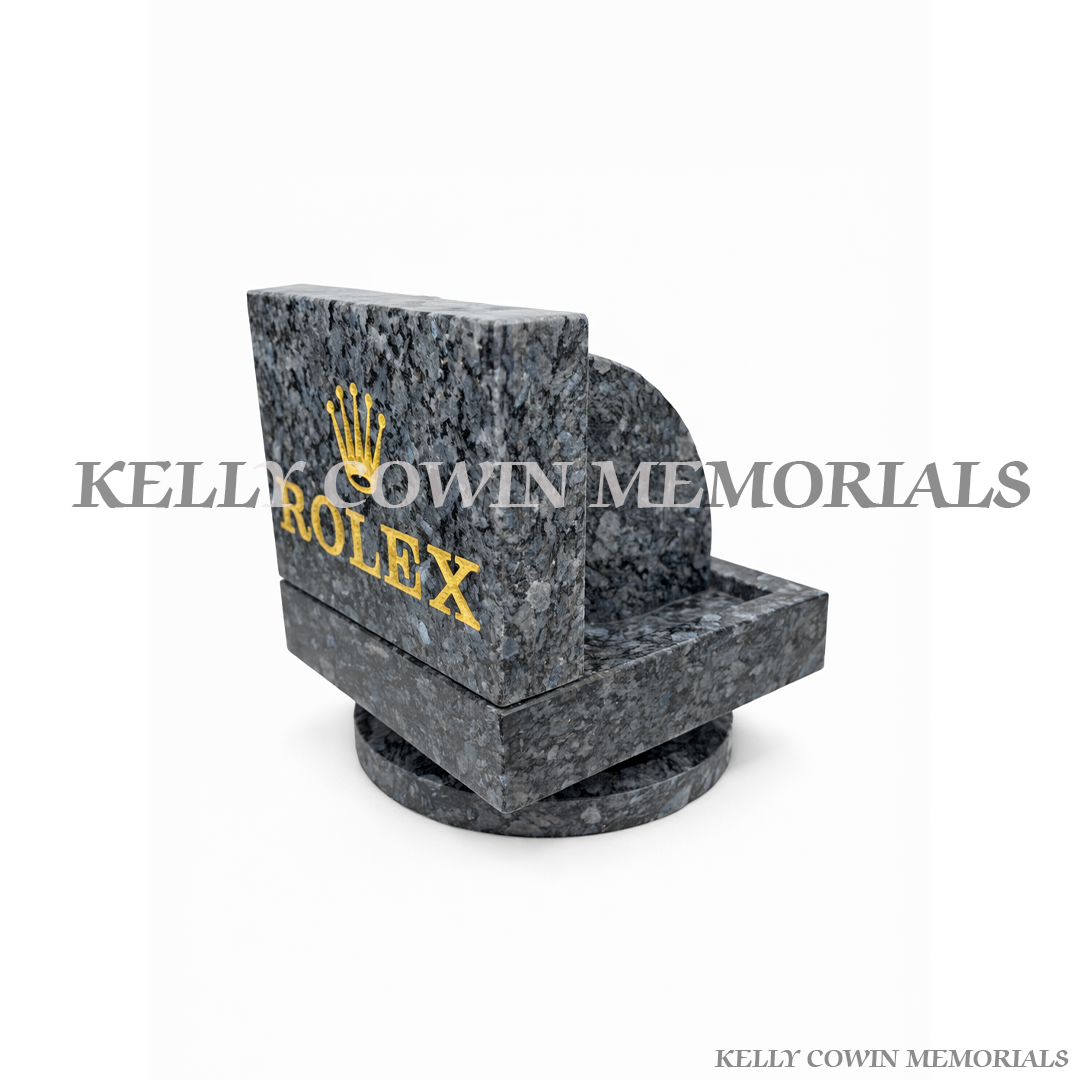Blue Pearl granite Rolex watch memorial plaque with gold crown engraving by Kelly Cowin Memorials Ireland available locally in Dublin and nationwide side view