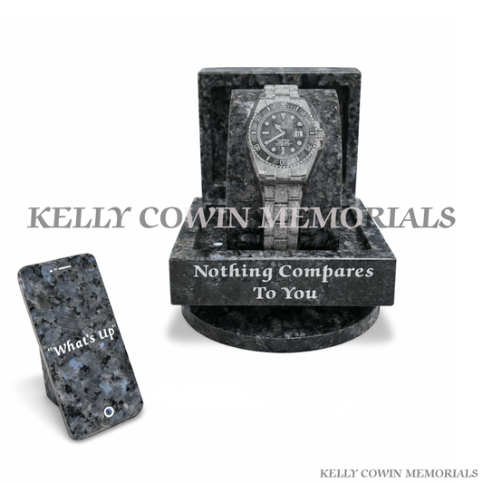 Blue Pearl granite custom Rolex watch and iPhone Kelly Cowin Memorials available locally and nationwide across Ireland
