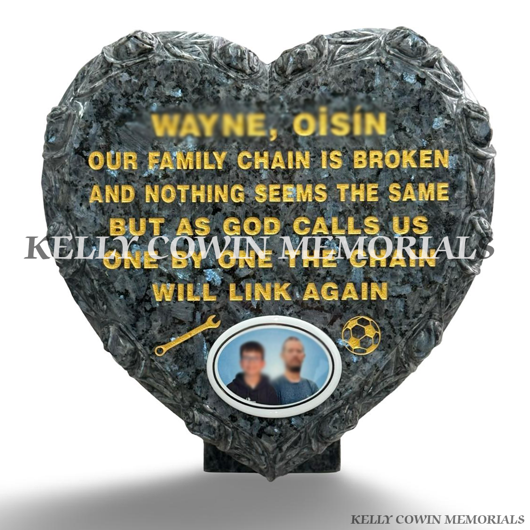 Blue Pearl granite rose carved heart memorial plaque with ceramic photo, gold engraved wording and personalised images by Kelly Cowin Memorials Ireland
