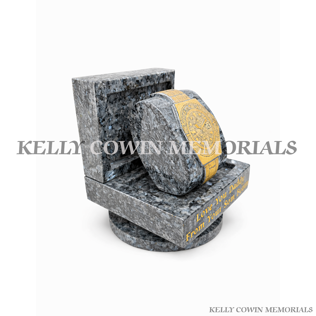 Side View Of Blue Pearl granite Rolex watch memorial ornament with gold engraved watch design by Kelly Cowin Memorials Ireland available locally and nationwide.
