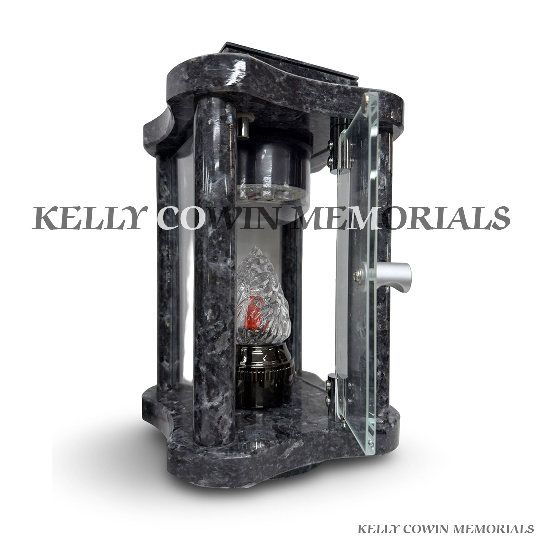Front view of Blue Pearl granite hexagon solar lantern