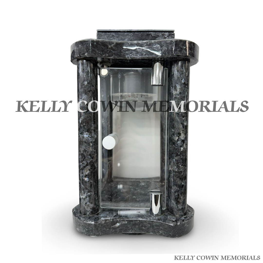 Front view of Blue Pearl granite hexagon solar lantern