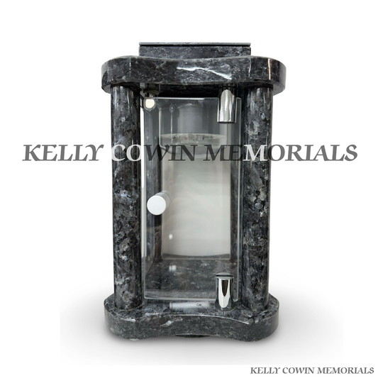 Front view of Blue Pearl granite hexagon solar lantern