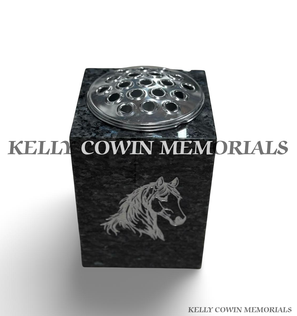 Blue Pearl granite square memorial flower vase with silver engraved horse head and metal flower holder by Kelly Cowin Memorials.