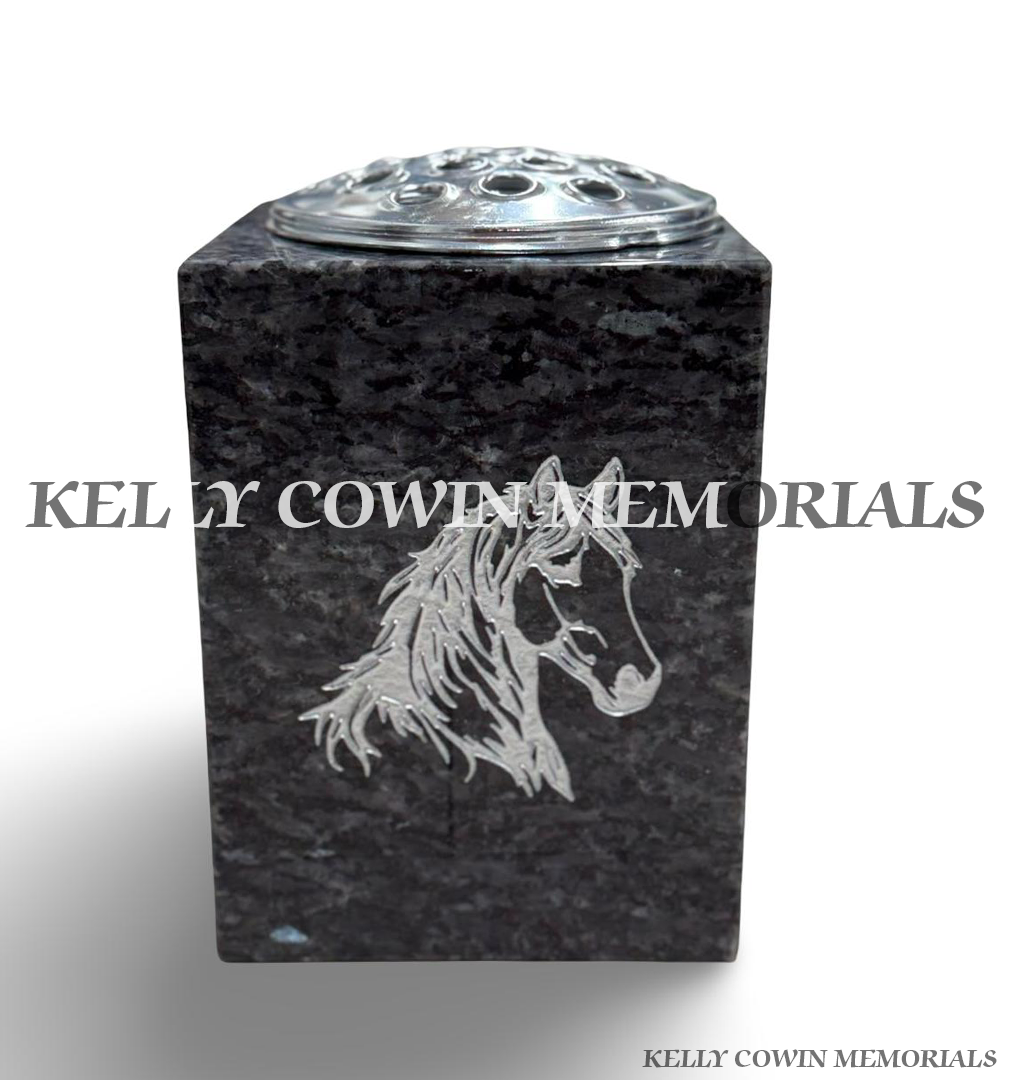 face view Blue Pearl granite square memorial flower vase with silver engraved horse head and metal flower holder by Kelly Cowin Memorials.