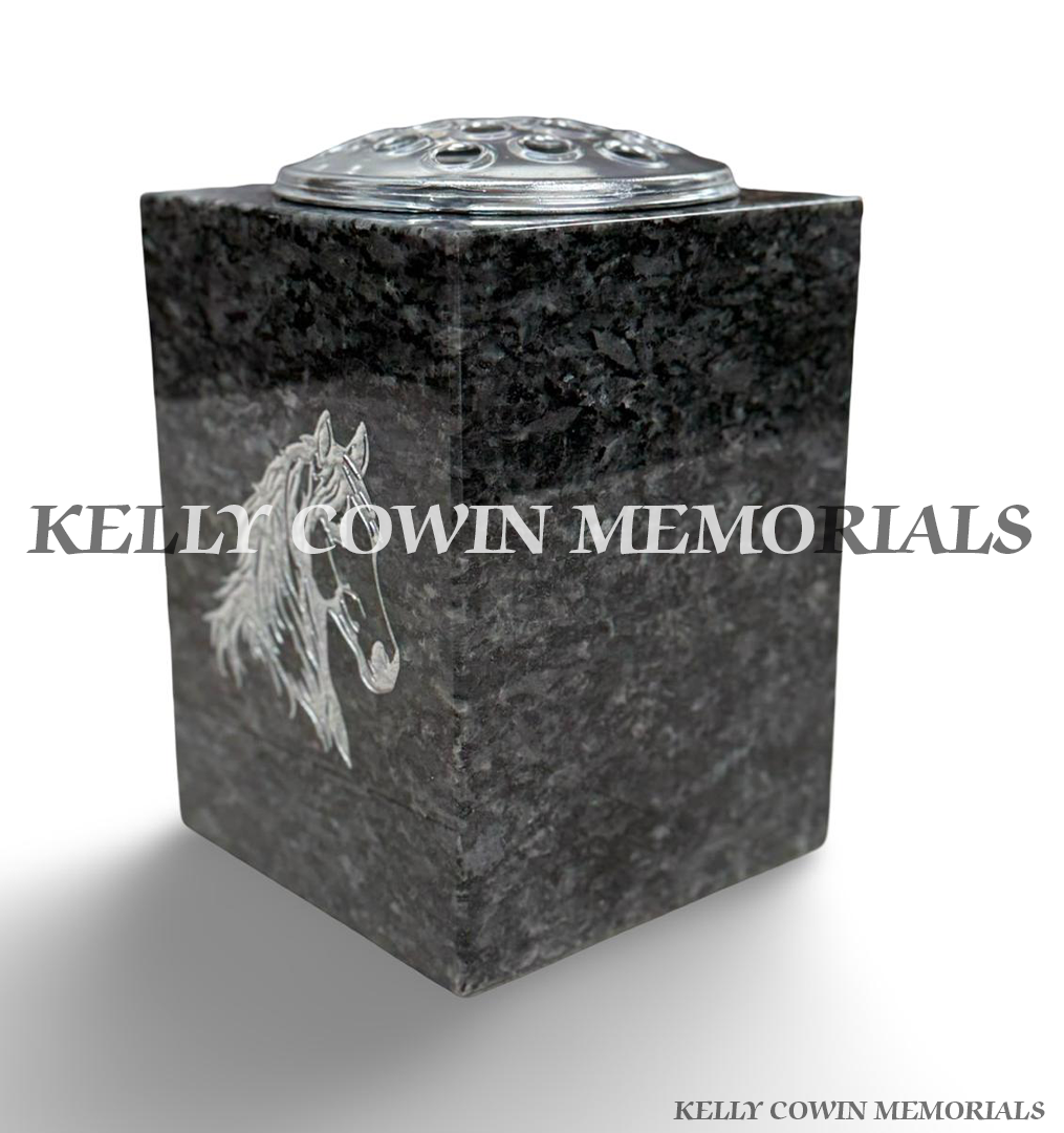 side view Blue Pearl granite square memorial flower vase with silver engraved horse head and metal flower holder by Kelly Cowin Memorials.