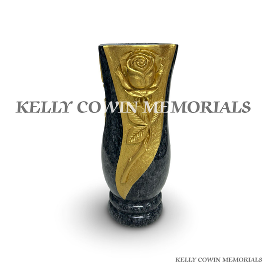 Front view of Blue Lagoon tall vase with gold leaf rose carving