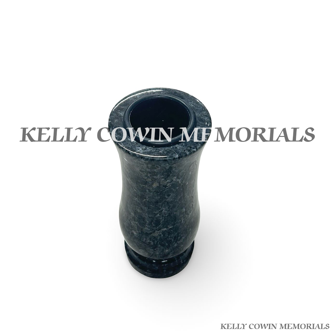 Front view of Blue Pearl granite tall memorial vase