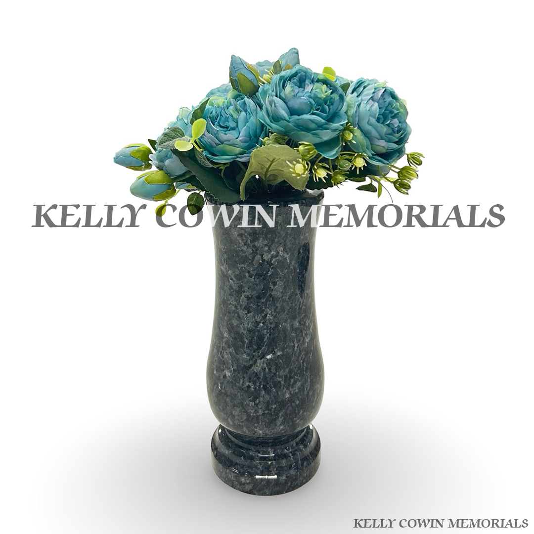 Front view of Blue Pearl granite tall memorial vase