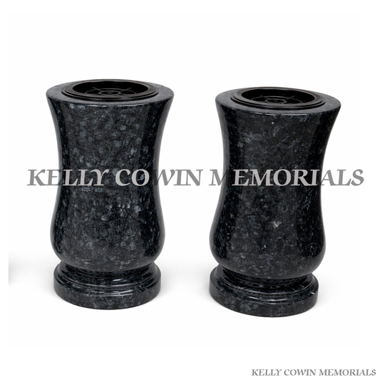 Blue Pearl granite memorial vases with polished finish and removable inserts by Kelly Cowin Memorials Ireland, available locally and nationwide.