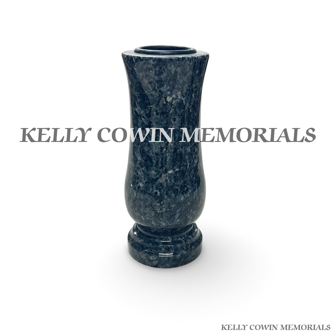 Front view of Blue Pearl granite tall memorial vase