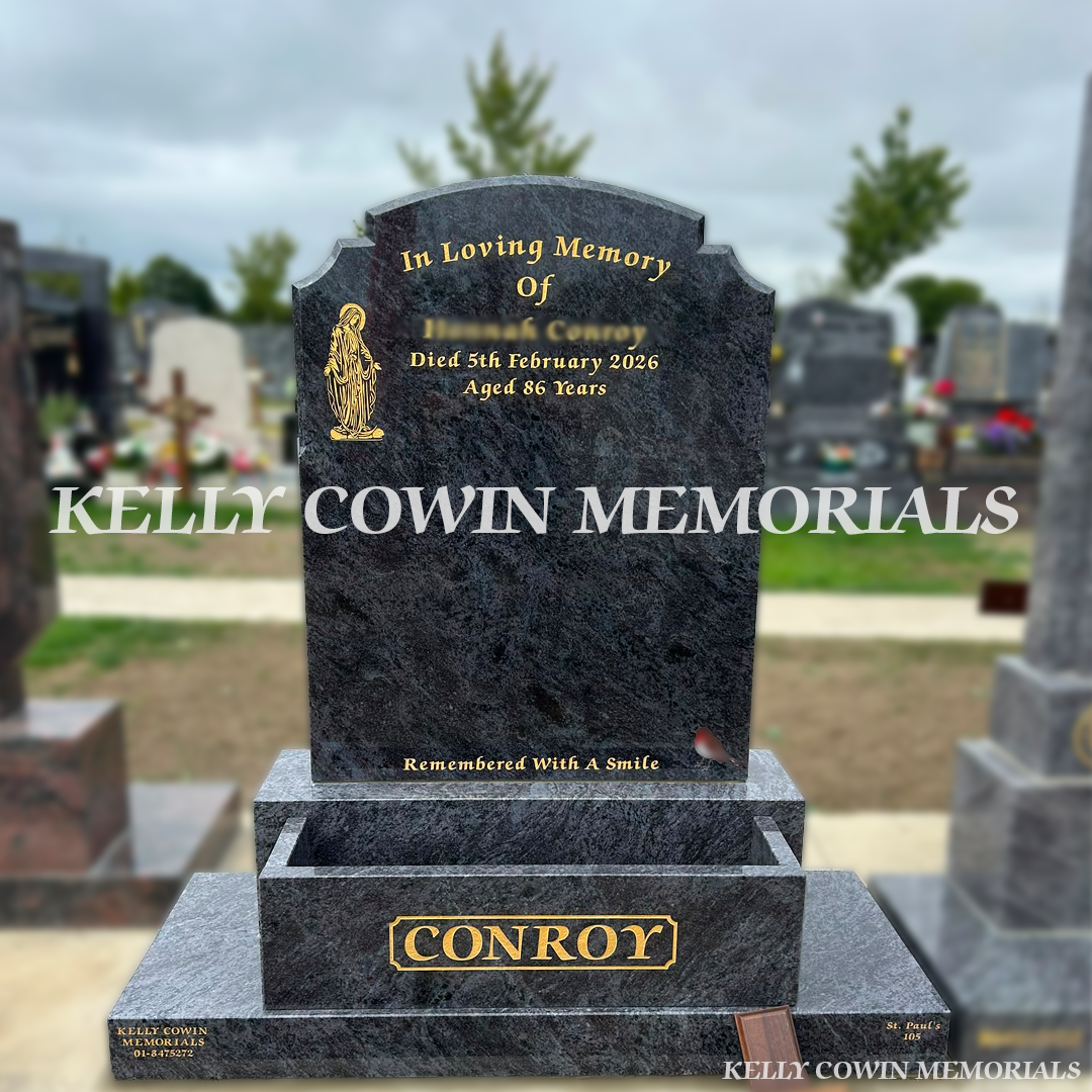 Blue Lagoon Top Nine granite headstone with base, plinth, integrated flower box and 23.5ct gold leaf inscription installed in Balgriffin Cemetery, Dublin by Kelly Cowin Memorials.