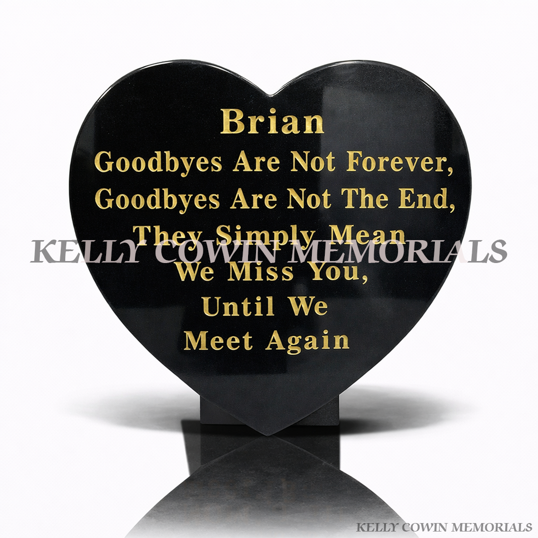 12 inch black granite heart shaped memorial plaque by Kelly Cowin Memorials Ireland