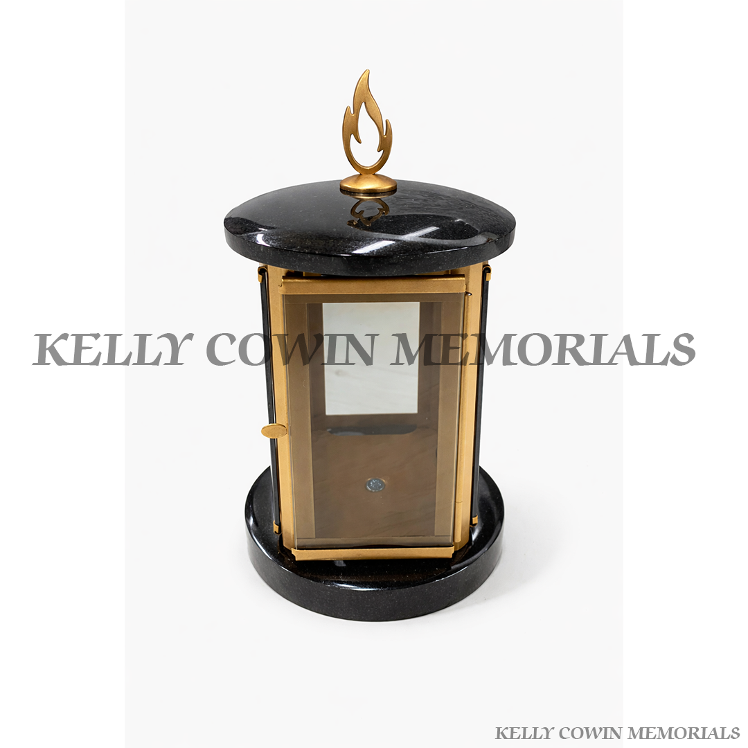 Black granite memorial lantern with gold frame graveside accessory by Kelly Cowin Memorials Ireland