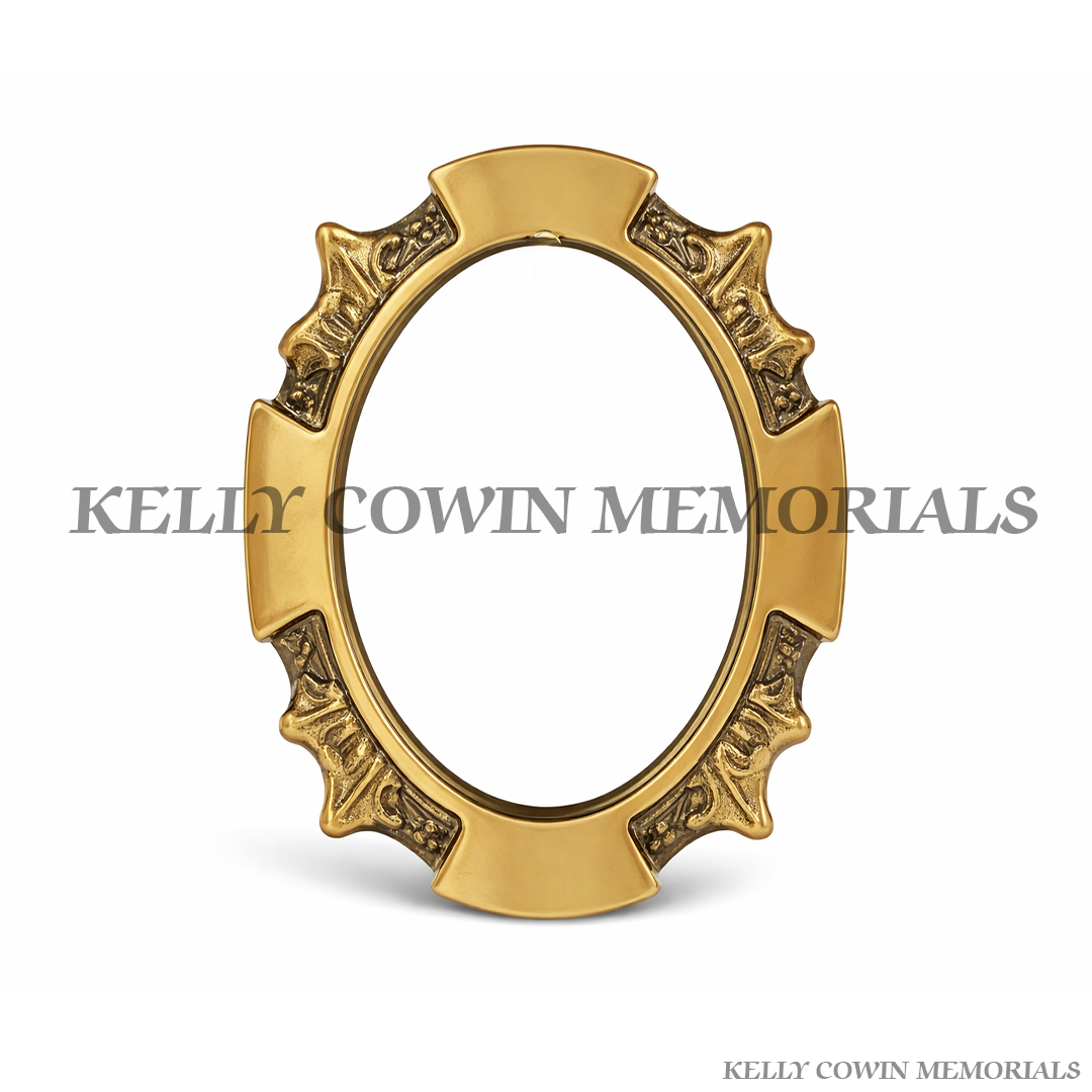 Bronze memorial photo frame for ceramic photo grave plaque by Kelly Cowin Memorials Ireland
