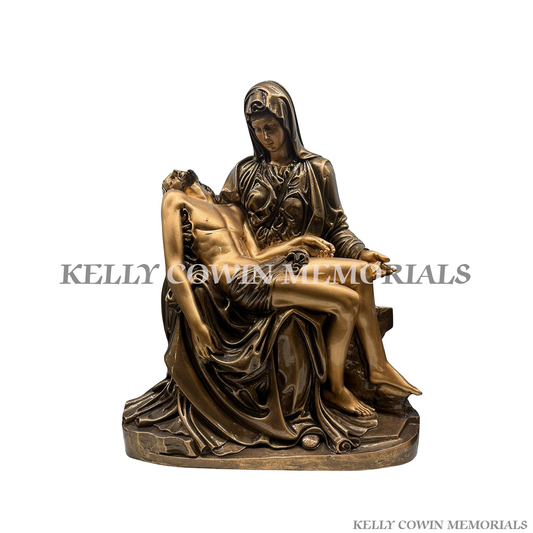 Bronze Pietà memorial statue featuring Our Lady holding Jesus for graves and headstones by Kelly Cowin Memorials Dublin Ireland with nationwide memorial services