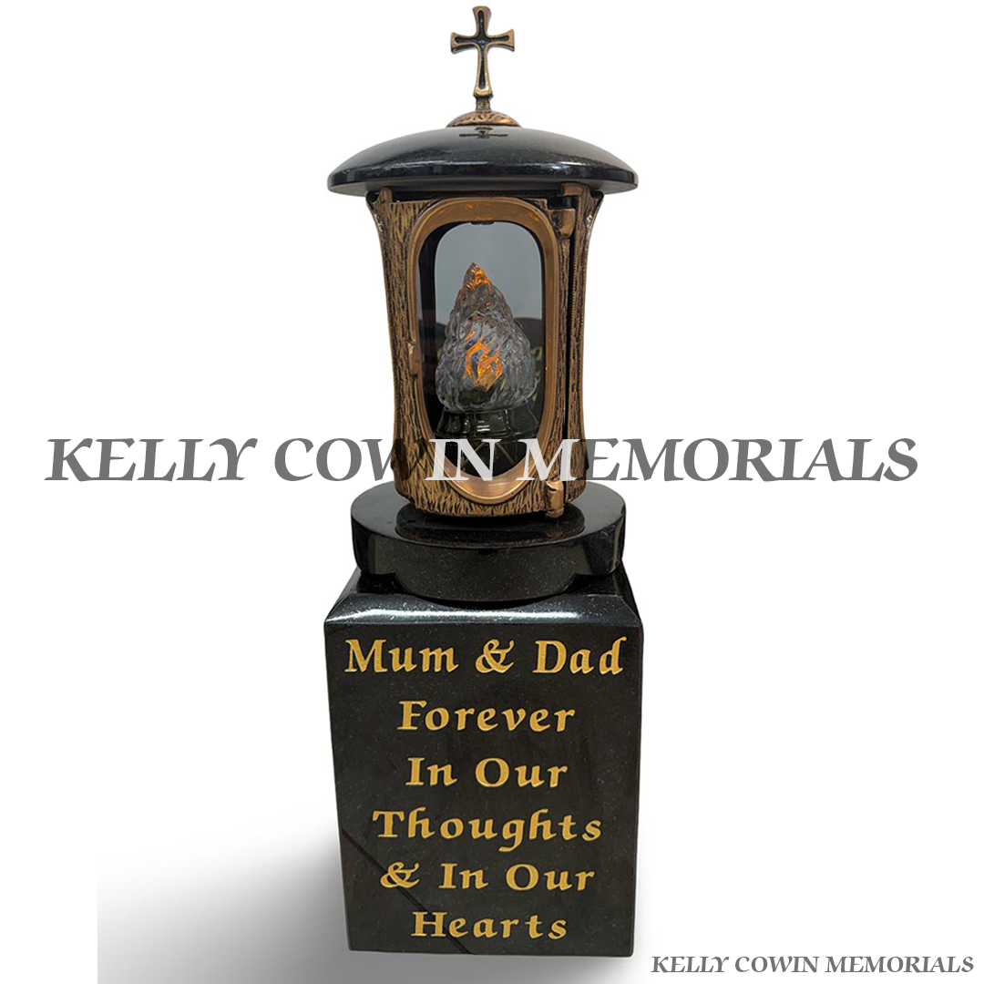 Bronze memorial lantern with cross mounted on polished black granite block with personalised gold inscription