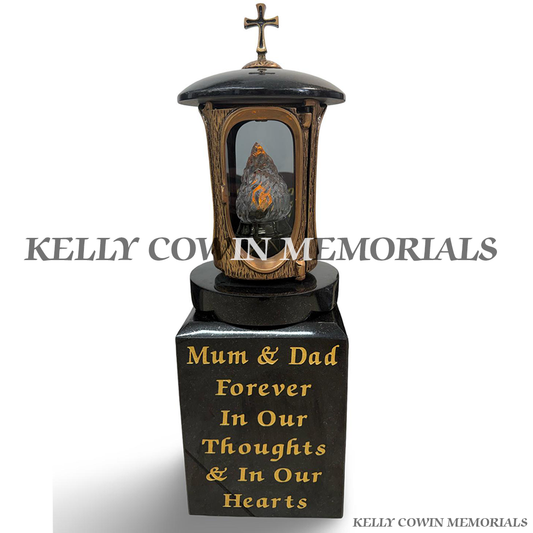 Bronze memorial lantern with cross mounted on polished black granite block with personalised gold inscription