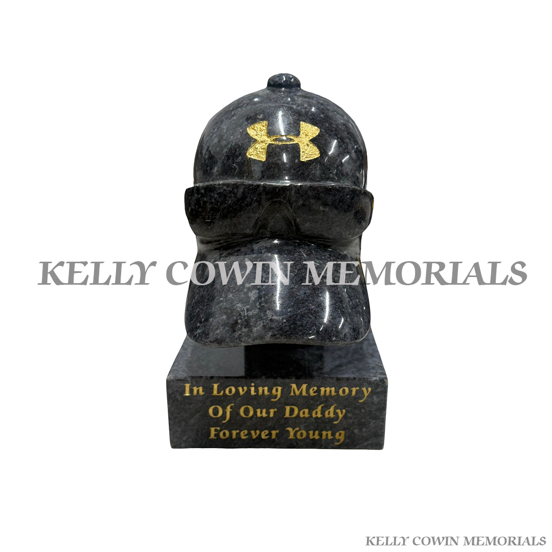Blue Lagoon granite cap and sunglasses grave accessory with custom engraving for memorials in Dublin and nationwide Ireland