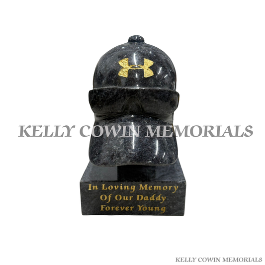 Blue Lagoon granite cap and sunglasses grave accessory with custom engraving for memorials in Dublin and nationwide Ireland