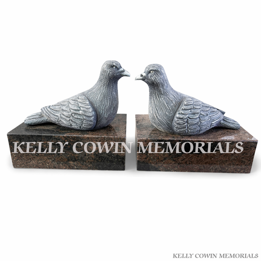 Granite carved pigeons memorial ornament on Pandora granite plinth block grave accessory by Kelly Cowin Memorials Ireland