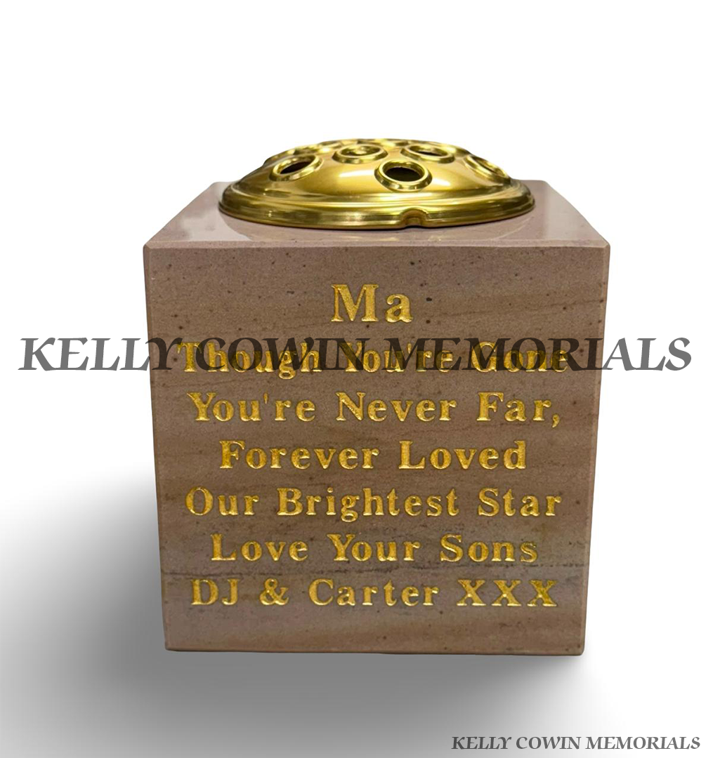 Haley Beige granite square memorial vase with personalised gold inscription and gold flower holder from Kelly Cowin Memorials.