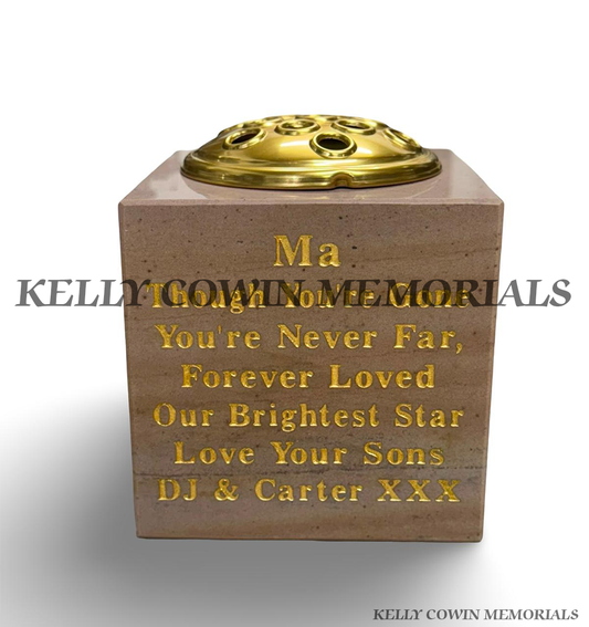 Haley Beige granite square memorial vase with personalised gold inscription and gold flower holder from Kelly Cowin Memorials.