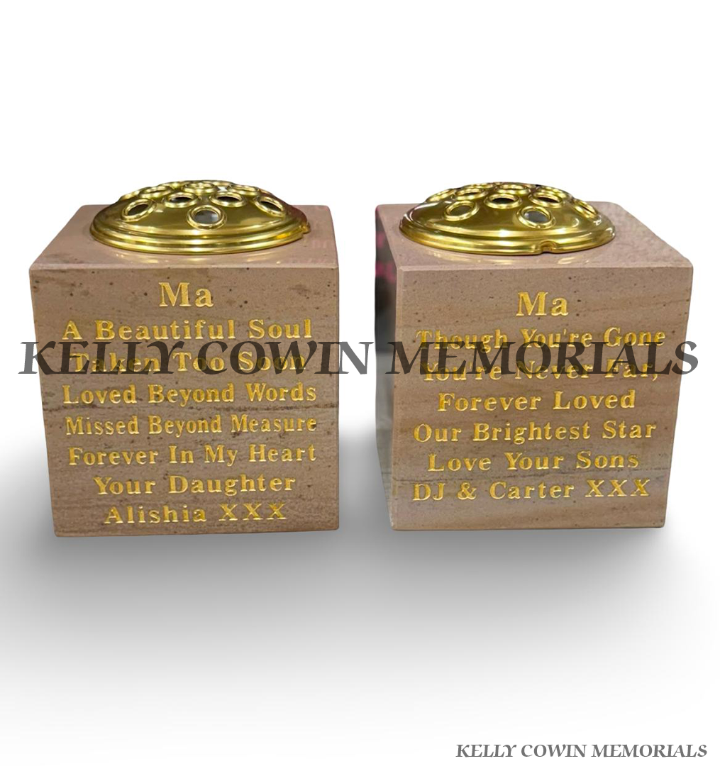 Pair of Haley Beige granite square memorial vases with personalised gold inscriptions and gold flower holders.