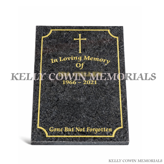 Blue Lagoon granite cremation memorial plaque with gold engraved lettering and cross in Ireland