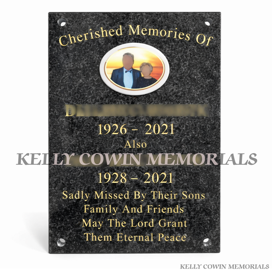 Rustenburg granite cremation wall plaque with ceramic photo for cremation walls, handcrafted in Ireland, available locally and nationwide