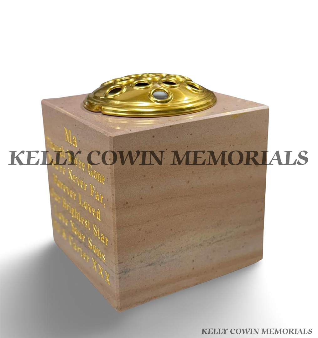 Side view of Haley Beige granite square memorial vase showing polished stone finish, gold inscription and gold flower holder.