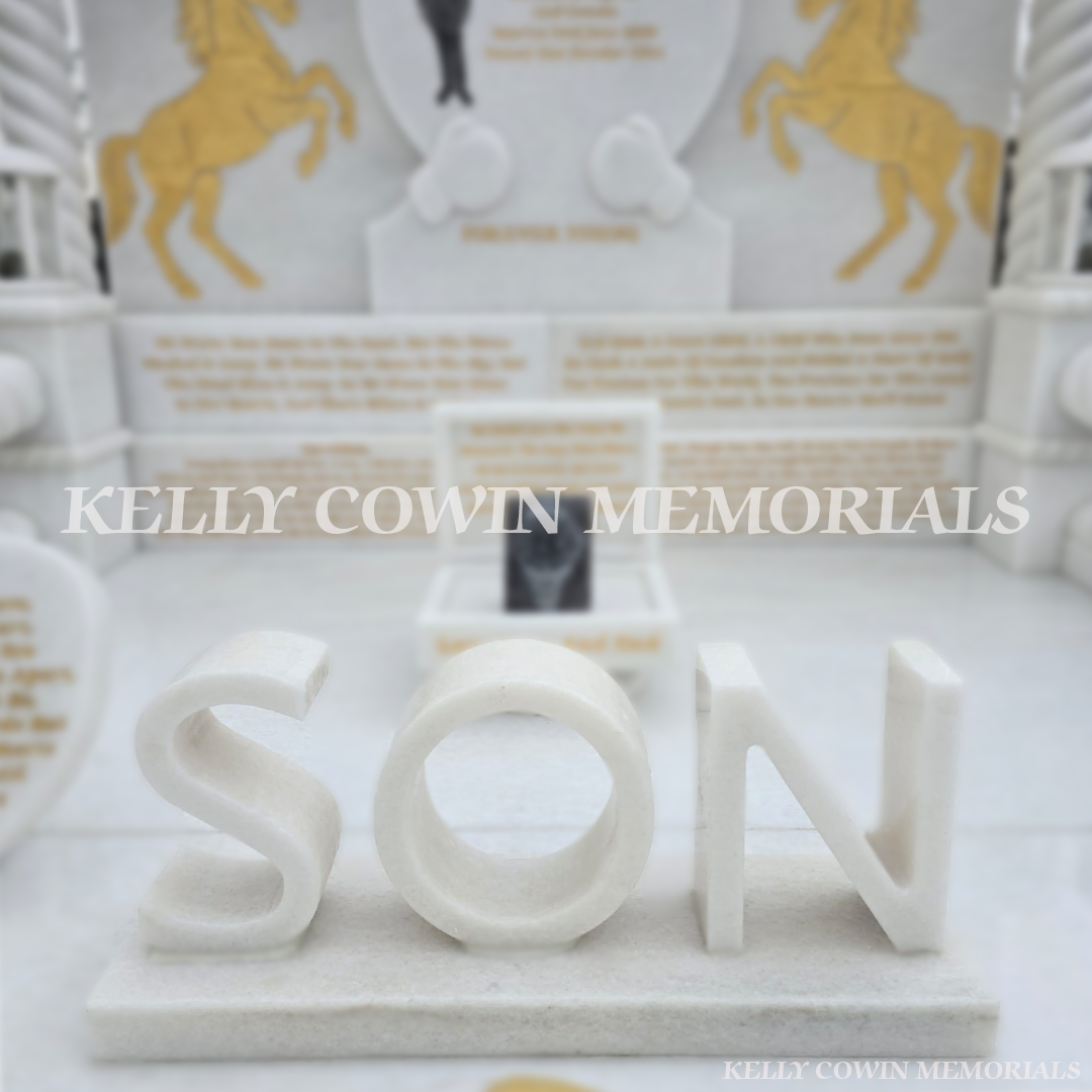 Crystal White marble SON lettering detail on custom children’s headstone in Mulhuddart Cemetery Dublin