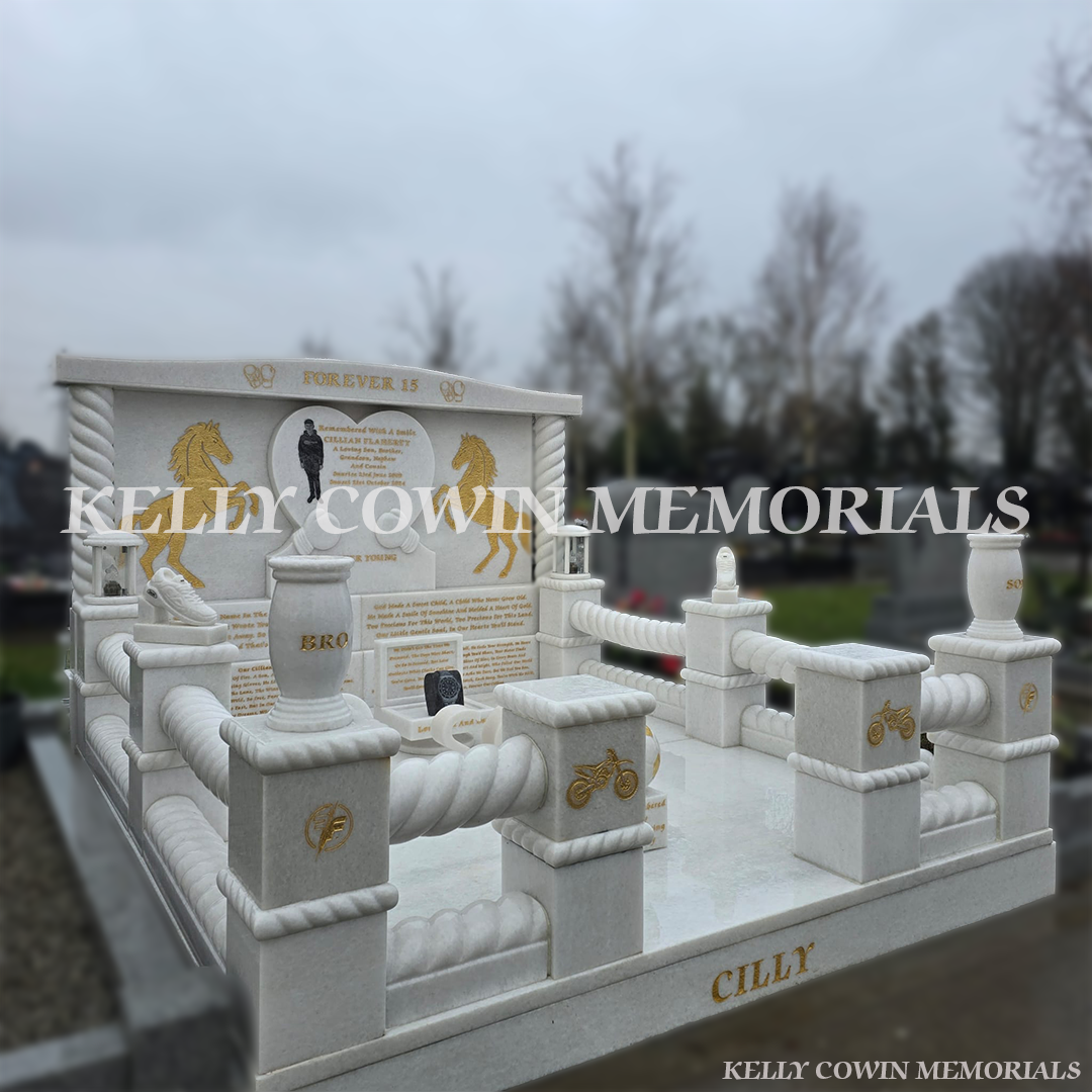 Crystal White marble custom heart headstone with twisted rail kerbing and gold leaf engraving in Mulhuddart Cemetery Dublin
