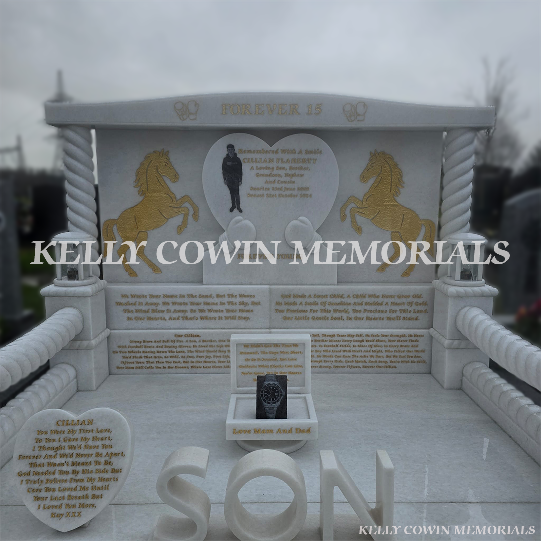 Crystal White marble children’s headstone with twisted boxing ring style kerbing in Mulhuddart Cemetery Dublin