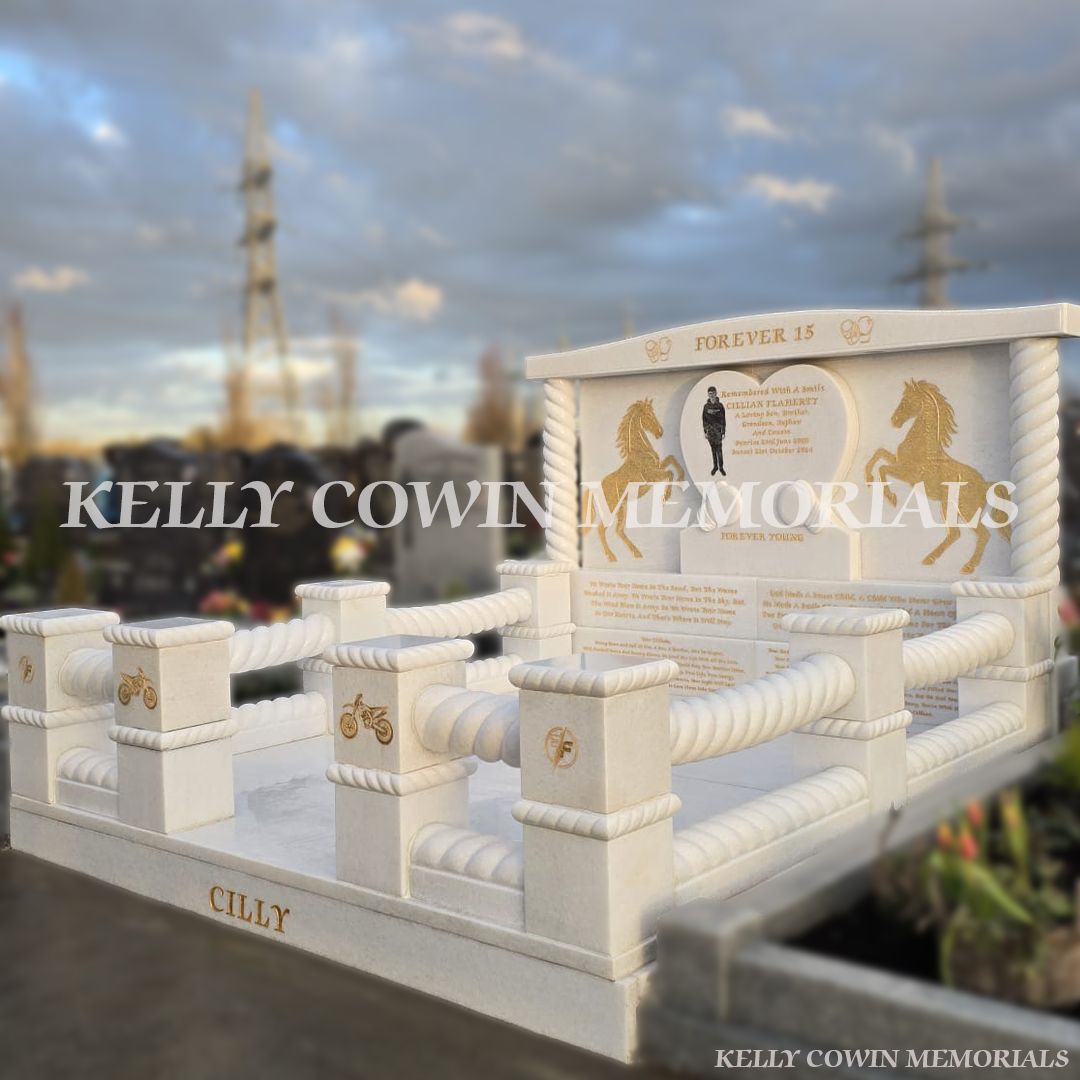 Crystal White marble full kerbed children’s memorial in Mulhuddart Cemetery Dublin