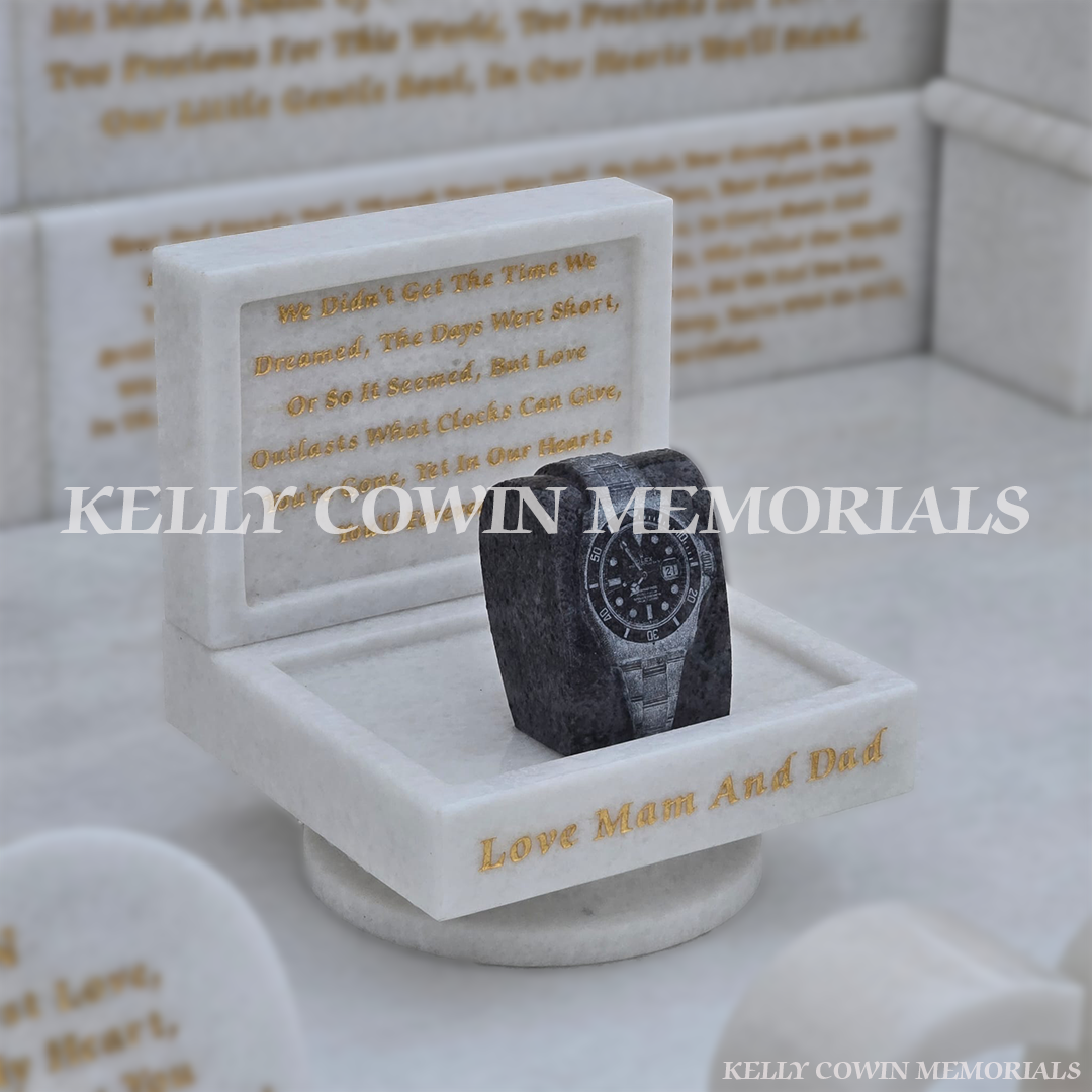 side view of a Crystal White marble and blue lagoon rolex watch children’s memorial in Mulhuddart Cemetery Dublin