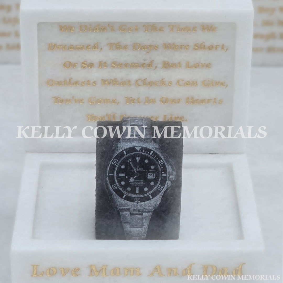 Crystal White marble and blue lagoon rolex watch children’s memorial in Mulhuddart Cemetery Dublin
