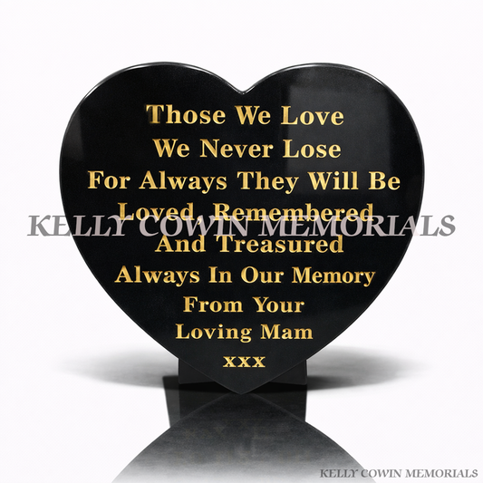 12 inch black granite heart shaped memorial plaque with gold lettering by Kelly Cowin Memorials Ireland