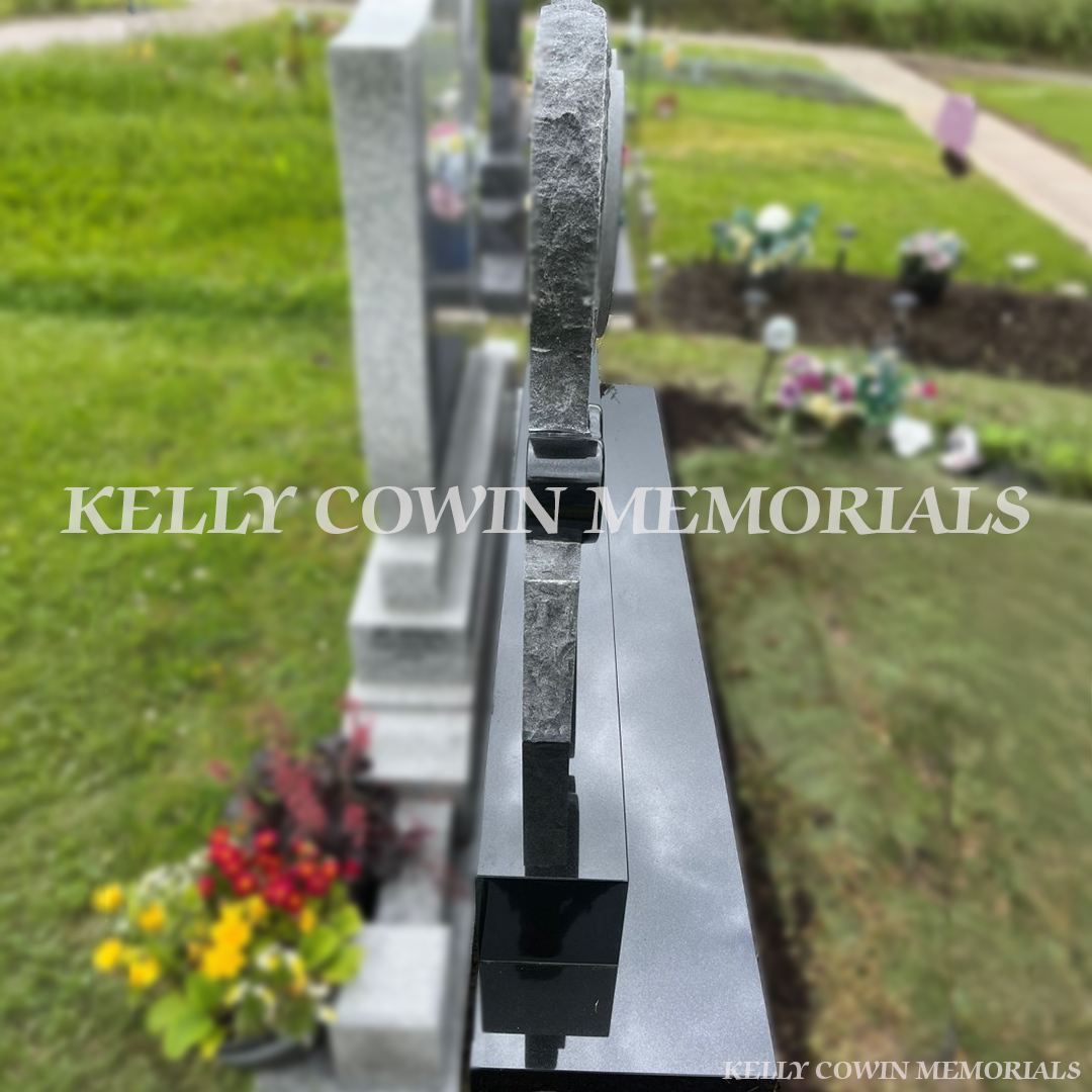 Side view of black granite heart headstone with laser etched image in Illaunamanagh Cemetery Clare