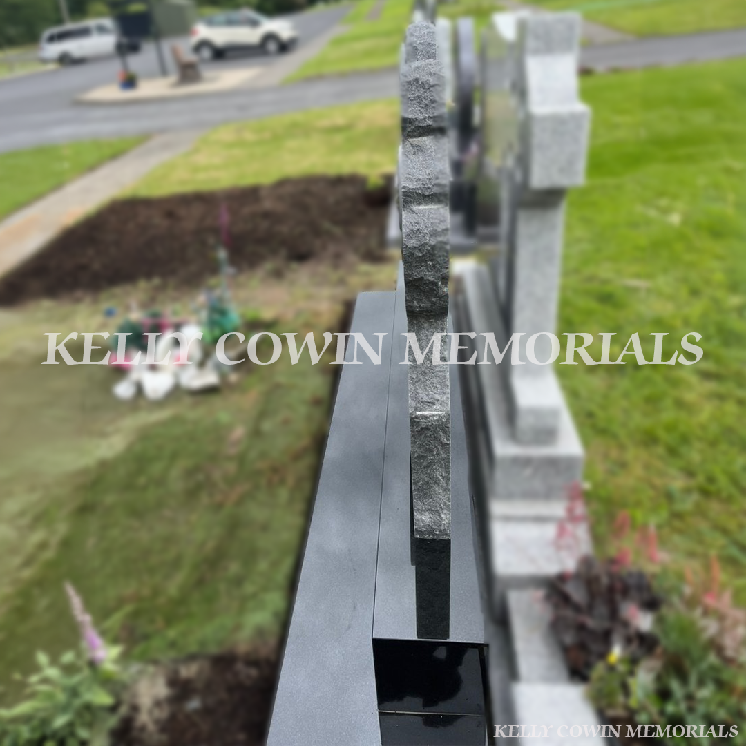 Side view of black granite heart headstone with laser etched image in Illaunamanagh Cemetery Clare