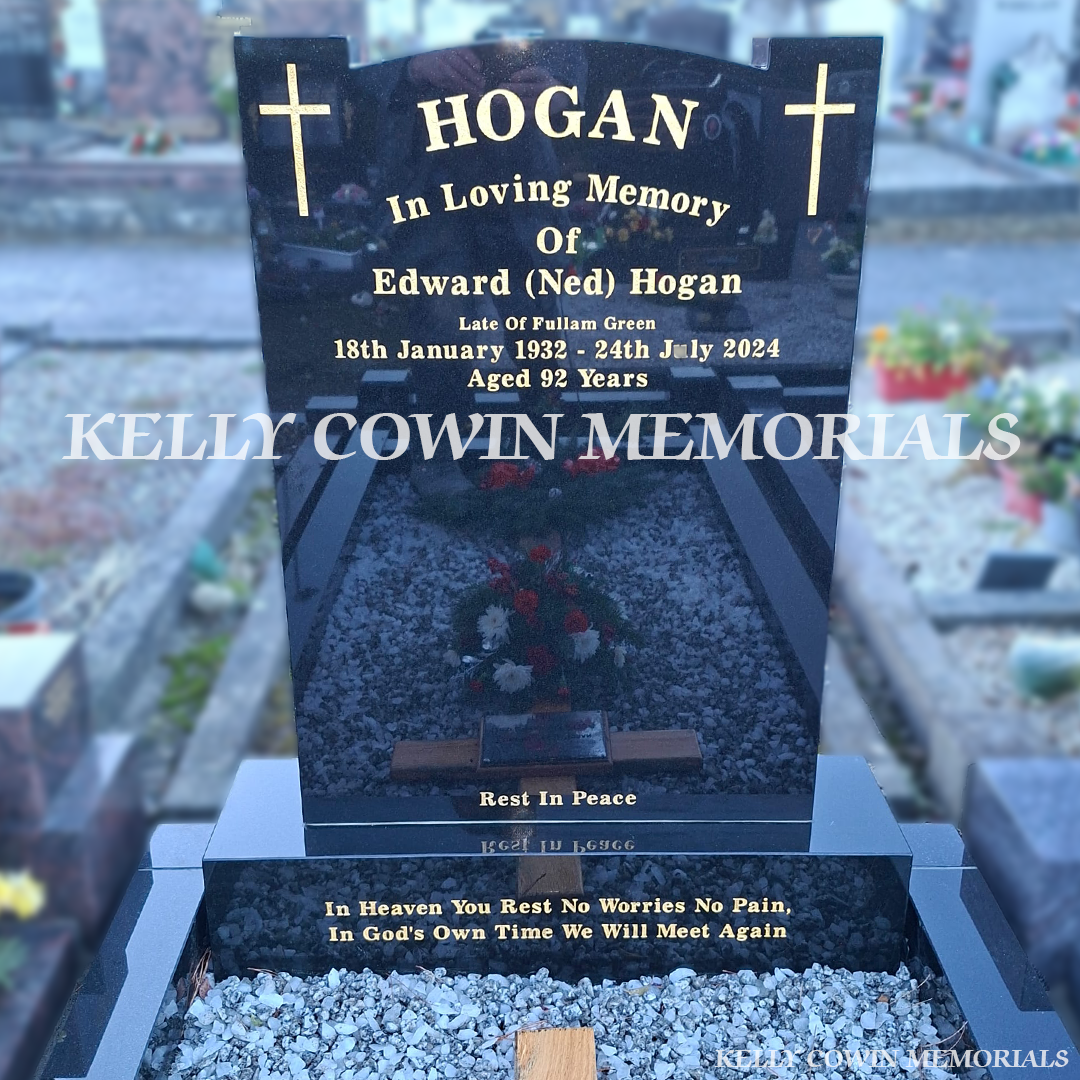Front view close-up of custom Black Granite headstone with gold inscription in St Peter & Paul’s Cemetery Dublin