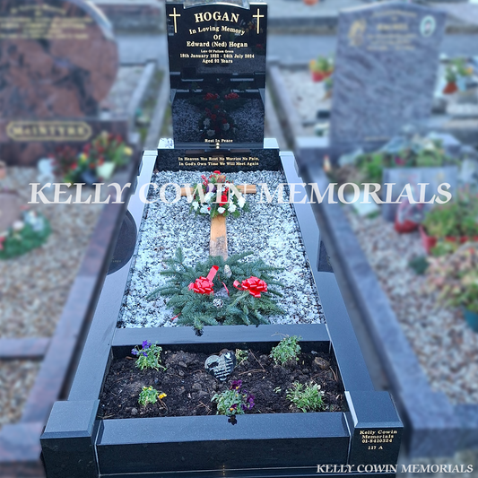 Front view of custom Black Granite headstone with gold inscription in St Peter & Paul’s Cemetery Dublin
