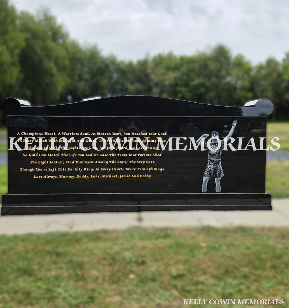 Personalised laser-etched imagery on custom black granite memorial erected in Newlands Cross Cemetery Dublin.