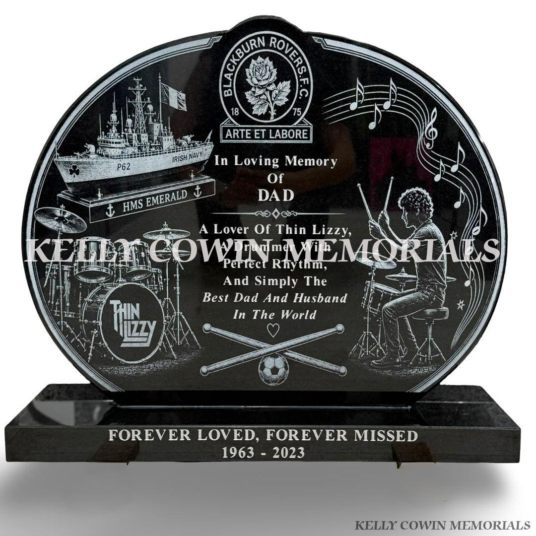 Custom polished black granite memorial plaque with detailed personalised laser engraved images, wording and matching granite base by Kelly Cowin Memorials Ireland.