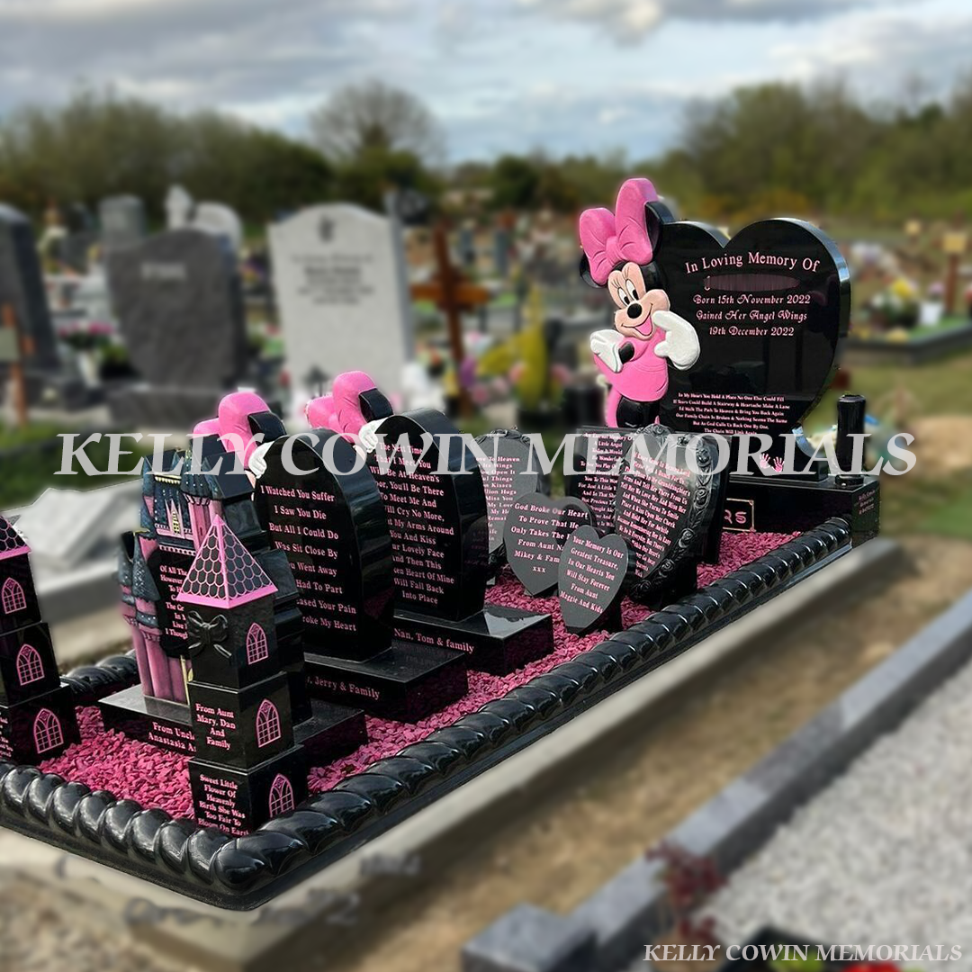 Custom Black granite Minnie Mouse heart children’s headstone with roped kerbing and pink chippings in St. Ibar’s Cemetery Wexford