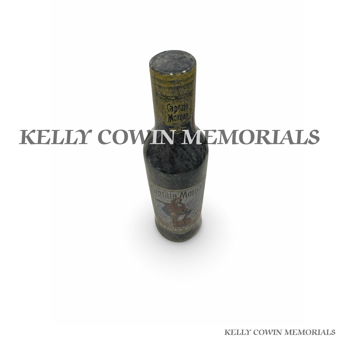 Close-up of Captain Morgan logo and label laser engraving on granite memorial