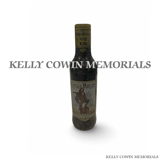 Front view of Blue Lagoon granite Captain Morgan bottle memorial accessory