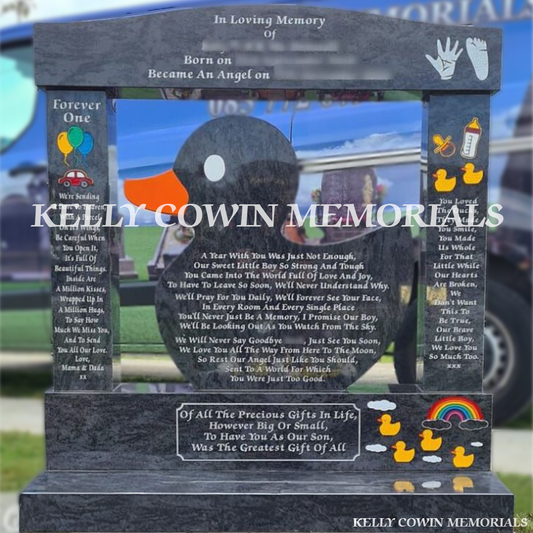 Front view of custom Blue Lagoon duck headstone with pillars and cap erected in Balgriffin Cemetery Dublin by Kelly Cowin Memorials
