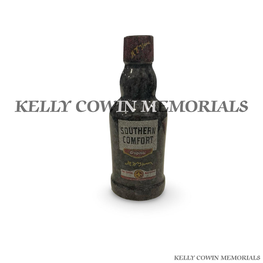 Front view of Blue Lagoon granite Southern Comfort bottle memorial accessory