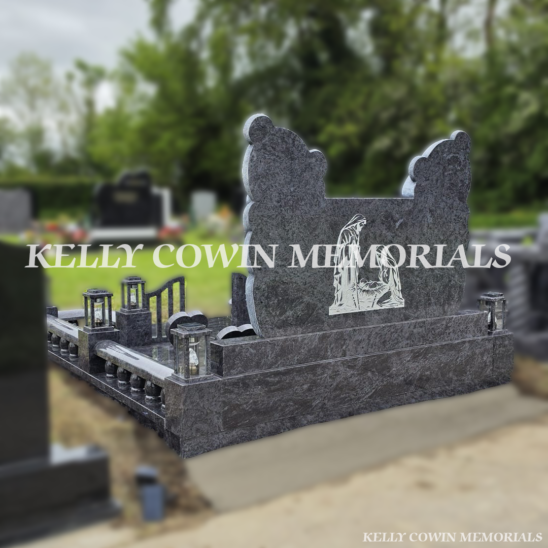 Back view of Blue Lagoon granite teddy bear headstone with engraving in Limerick